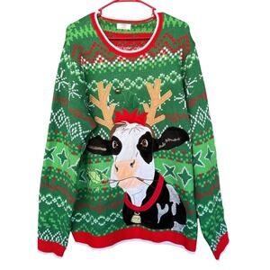 Holiday Time Sweater Mens XL Green Cow Reindeer Ugly Christmas Knit Fair Isle